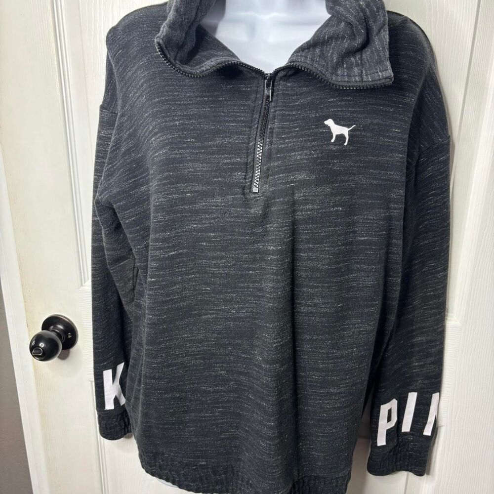 Victoria’s Secret PINK M Gray and White Quarter Zip Pullover Graphic Sweatshirt